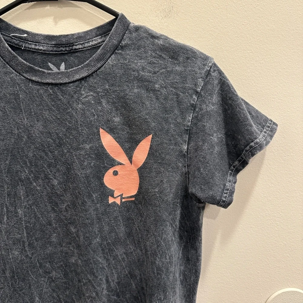 Playboy Acid Wash Graphic T-Shirt Gray Pink Bunny Logo Short Sleeve Small Grunge - Picture 3 of 7